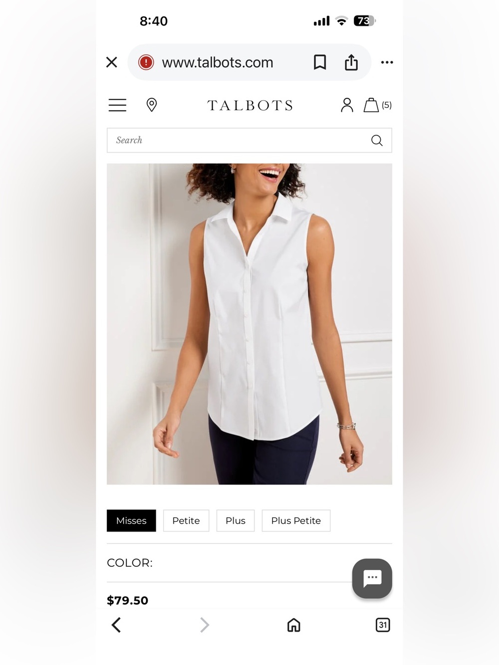 Talbots White Sleeveless Button-Down Shirt